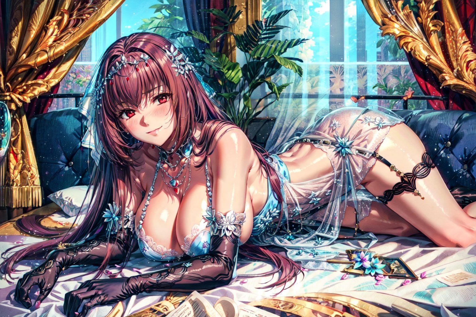masterpiece,best quality,1girl,solo,mature female,scathach skadi \(fate\),LancerCos,RoyalIcingDress,gloves,naughty smile,blush,(all fours),luxury villa interior,bedroom,