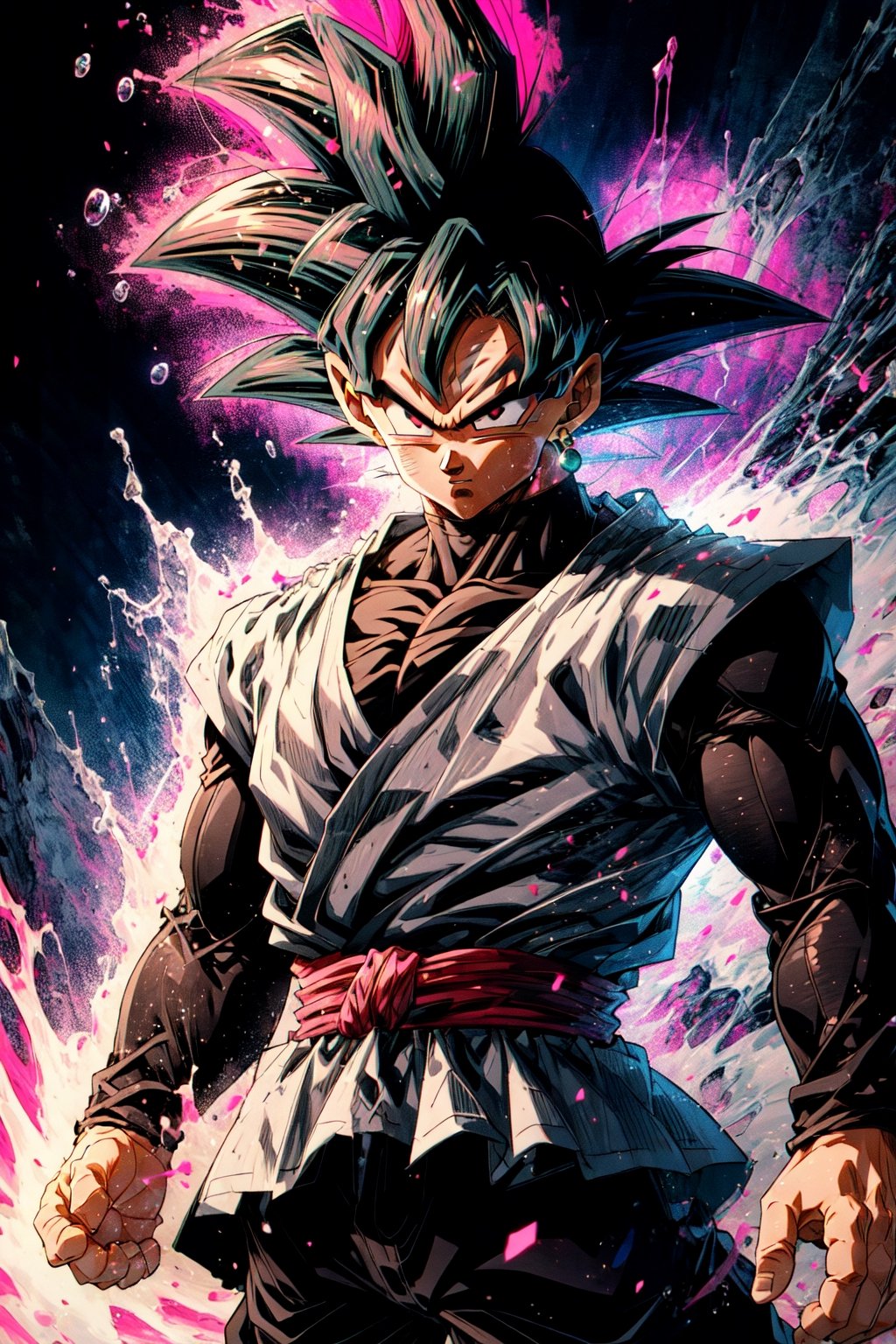 solo,((goku)),(muscular1.1),(cowboy shot:1.4),boichi manga style,blasting kamehameha,, intricate details, best quality, 8k uhd, soft lighting, 1boy, solo, spiked hair, pink hair, pink eyes, super saiyan, single earring, 