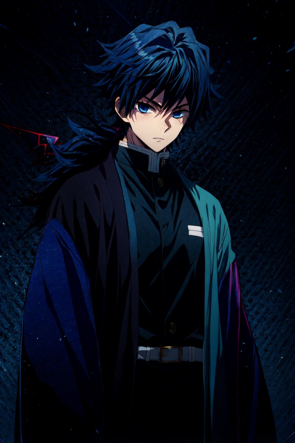 tomioka giyuu, demon slayer, 1boy, solo, upper body, blue background, emphasis lines, looking at viewer, long hair, blue eyes, black hair, standing, jacket, male focus, japanese clothes, black jacket, demon slayer uniform,