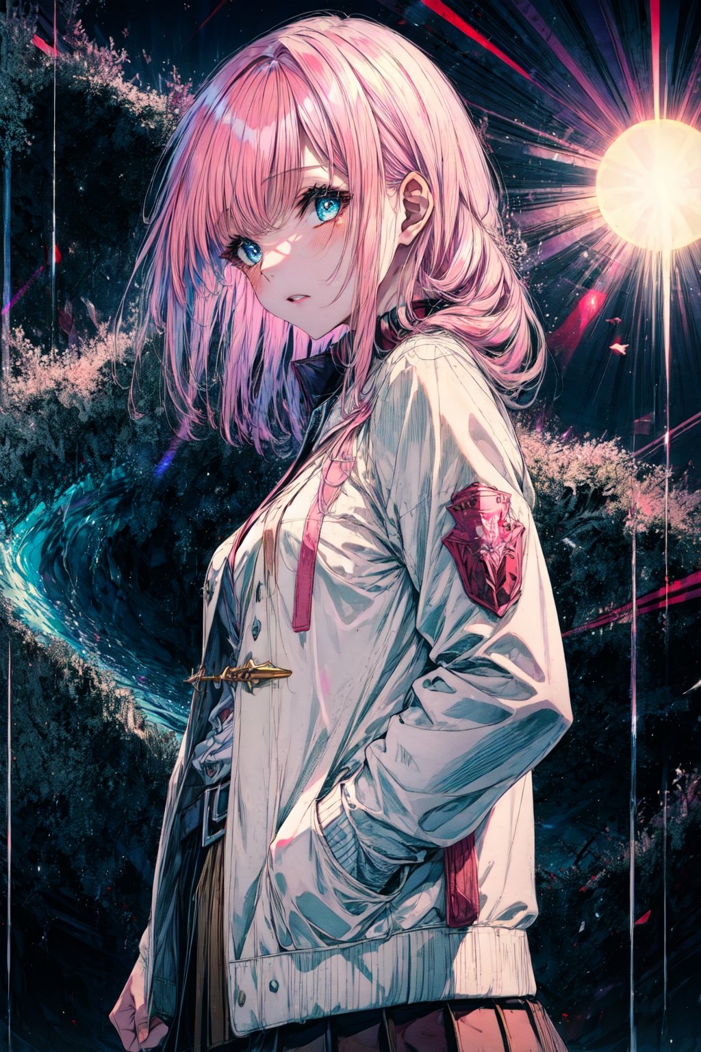 best quality,masterpiece,8k wallpaper,absurdres, highres, ultra detailed, (1 young beautiful girl, solo:1.1), blue eyes,realistic,bangs,long hair, pink hair, high collar,collared shirt,white shirt,pleated skirt,black skirt,cowboy shot, upper body,miniskirt,letterman jacket,A tropical paradise where the sun shines brightly every day, BREAK