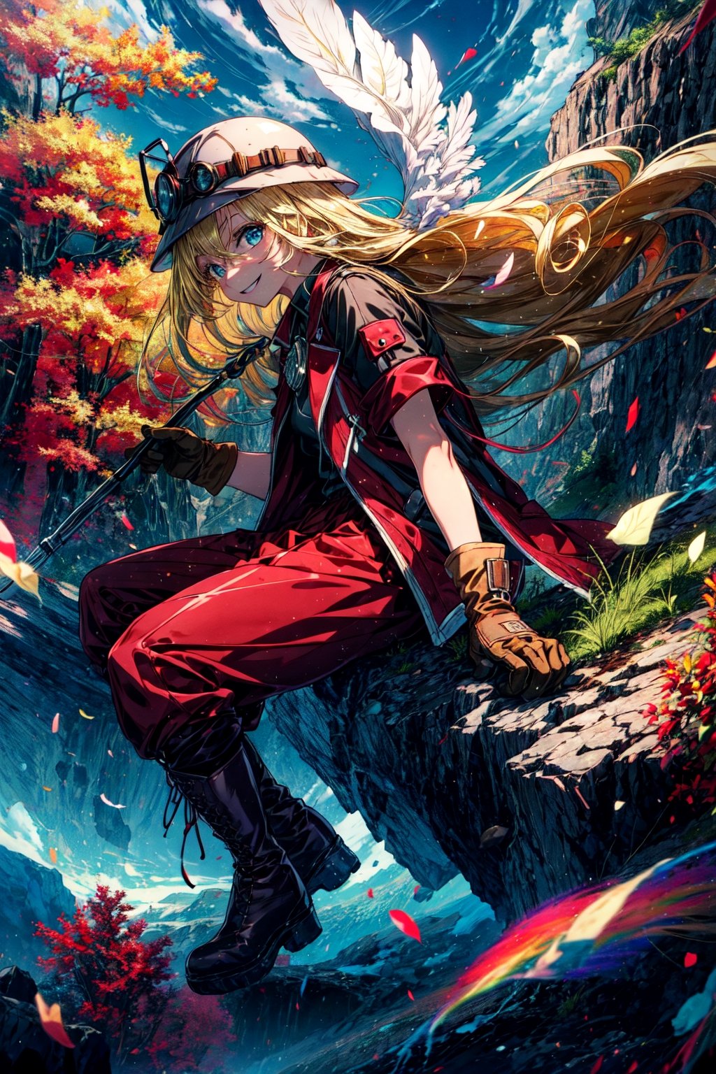 masterpiece, best quality, highres, 1girl very long hair blonde hair curly hair, red jacket helmet whistle short sleeves brown gloves red pants hat feather boots  sitting, floating hair, from side, looking at viewer, cliff, smile