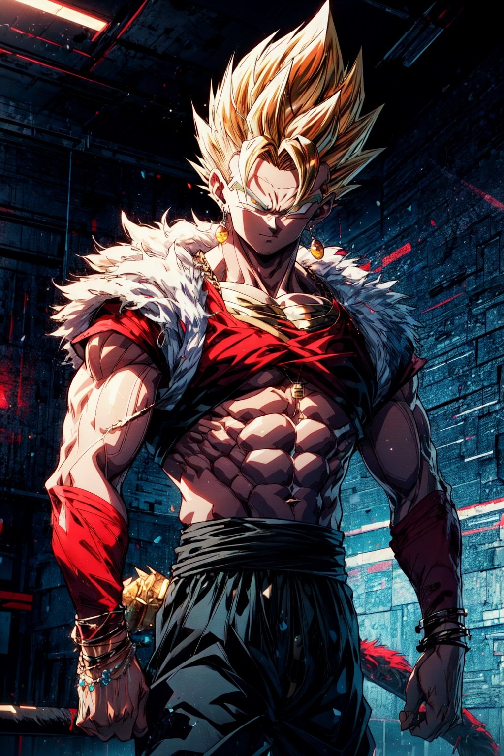 vegetto, 1boy, spiked hair, jewelry, earrings, smirk, bracelet, BREAK,  (ssj4, abs, body fur:1.15), jewelry, long hair, monkey tail, muscular, red fur, spiked hair, super saiyan, tail, , BREAK,  enterthematrix, masterpiece, best quality, extremely detailed, highly quality, 4k, sharp focus, professional, sharp focus, award winning, cinematic lighting, octane render, unreal engine, volumetrics dtx, Wallpaper,