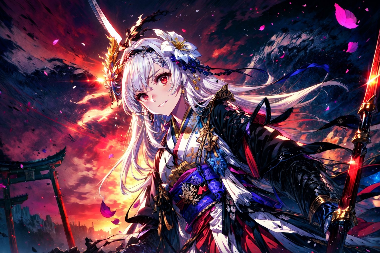 masterpiece,best quality,highres,cinematic lighting,dramatic angle, ,white hair,hair ornaments,hair flower,hairband,red eyes,costume7,furisode,long sleeves,ribbon,braid,flower,hairband,japanese clothes,kimono,sash,petals,obi,Unsheathing Sword,katana,holding,jinja,torii,looking at viewer,evil smile, ,lens flare,dynatic angle,from below,glowing,shaded face,sunset,burning sky