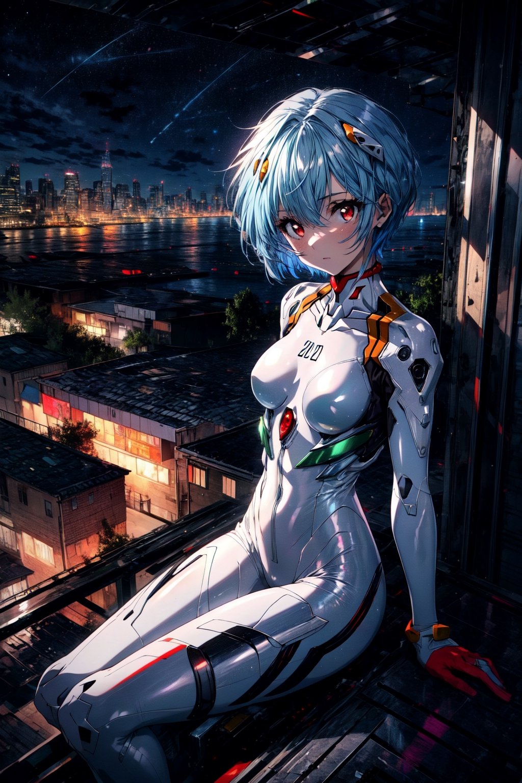 (masterpiece, best quality, detailed), 1girl, solo, pikkyayanami, looking at viewer, blue hair, short hair, bangs, red eyes, breasts, small breasts, white bodysuit, plugsuit, bodysuit, interface headset, pilot suit, sitting, arm support, outdoors, rooftop, cityscape, night, scenery, railing