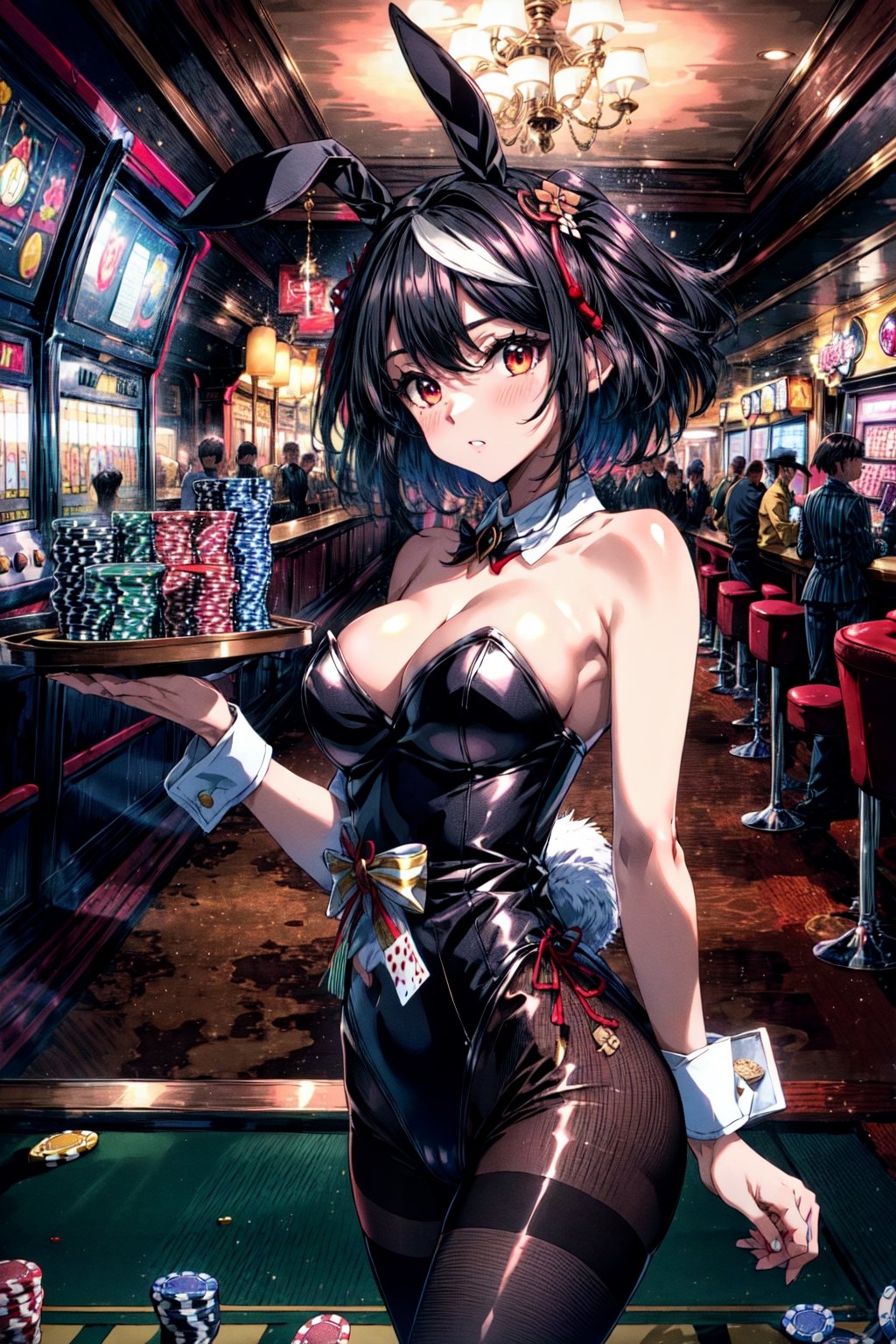 masterpiece, best quality, highres, aakitasan, animal ears, short hair, streaked hair, hair ornament, medium breasts, horse tail, , playboy bunny, casino, leotard, black pantyhose, indoors, holding tray, poker chip,