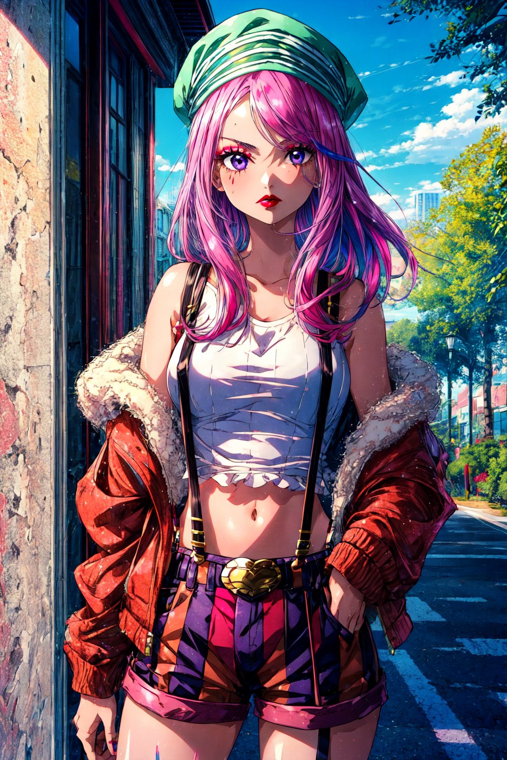 masterpiece, best quality, , bny1, 1girl, solo, purple eyes, pink hair, long hair, green headwear, vertical striped shorts, suspenders, white tank top, open jacket, belt, makeup, red lips, midriff, outdoors, scenery