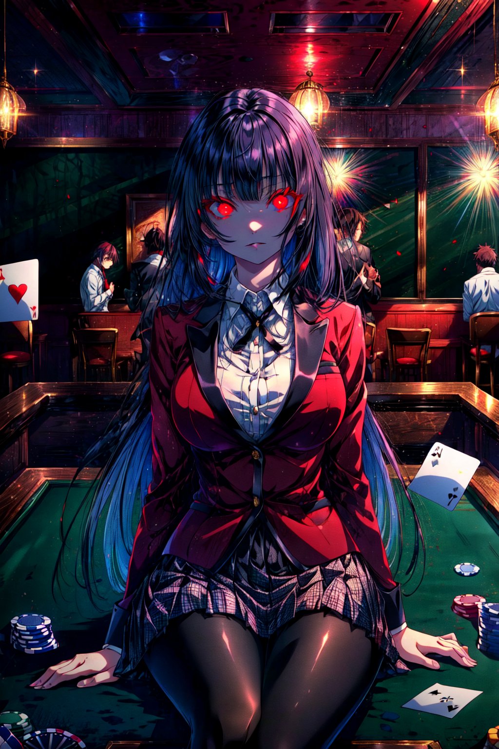 masterpiece, best quality, highres, hmjy1, long hair, blunt bangs, red eyes, school uniform, red jacket, blazer, pantyhose, white shirt, black ribbon, pleated skirt, , cowboy shot, indoors, casino, glowing eyes, sitting, poker table, holding card