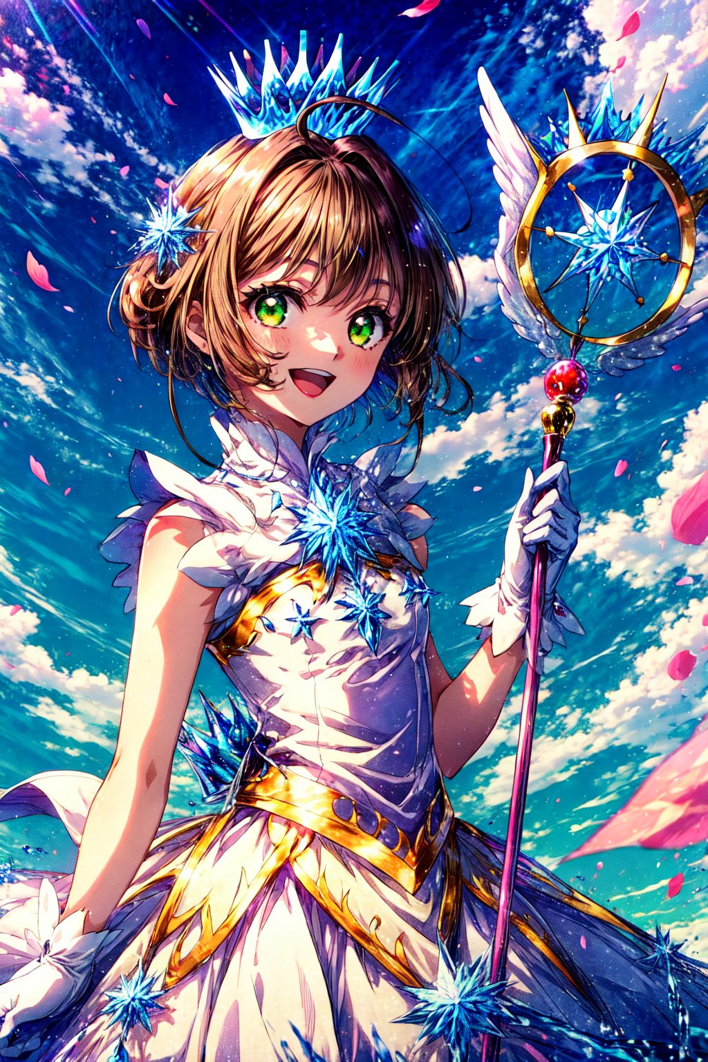 masterpiece, best quality, highres, kinomoto sakura, 1girl, brown hair, short hair, antenna hair, ahoge, crown, green eyes, white dress, sleeveless, white gloves,, holding staff, smile, open mouth, cowboy shot, blue sky,