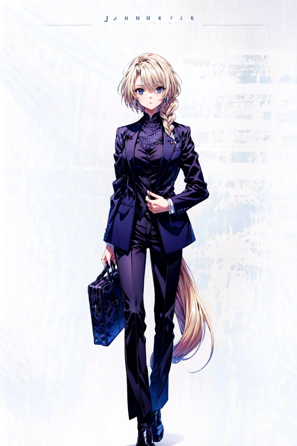 masterpiece, Jeanne,good quality, ((render)), (white background), 1girl, solo,  JeanneArcher1st, single braid, black suit, black pants,