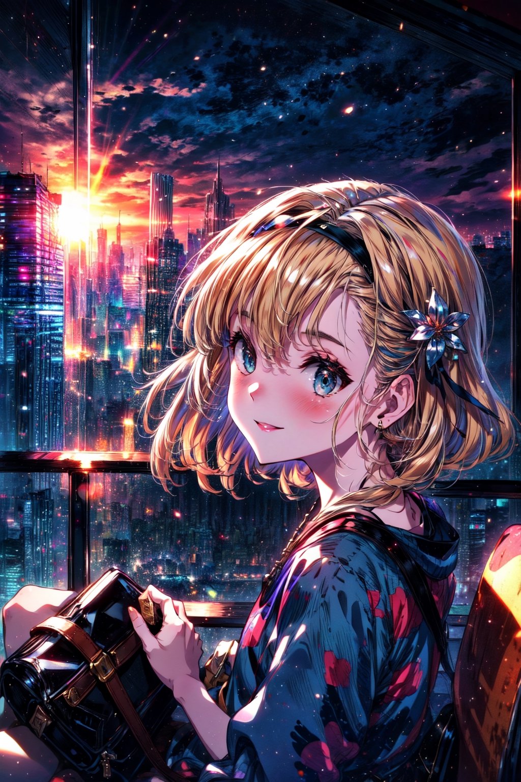 masterpiece,best quality,highres,cinematic lighting,dramatic angle,1girl,, profile,blonde hair,blue eyes,hairband,looking at viewer,tilting head,smile,blush,sunset,sitting on bench,handbag,depth of field,cityscape,(close-up:1.3),She reclined her head against viewer's shoulder,pov,she tilted her body towards viewer