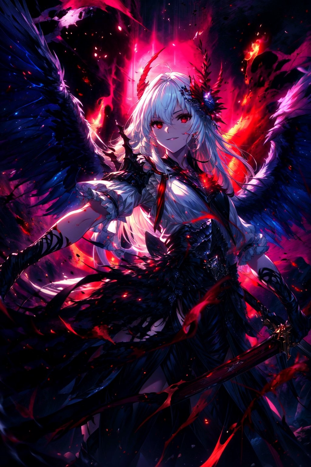 masterpiece,best quality,highres,cinematic lighting,dramatic angle,,costume9,white hair,red eyes,wings,tilting head,holding,sword,glowing,cruel smile,blood,flaming,burning city,fire,depth of field