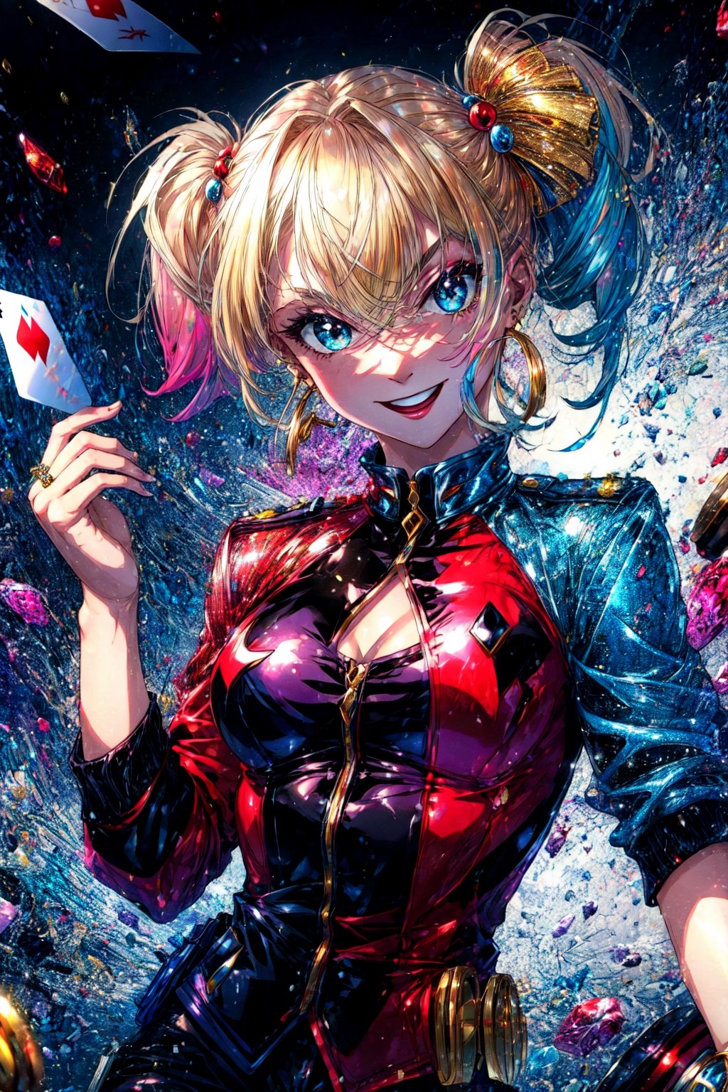 Prompt: character: Harley_Quinn, playful_expression, mischievous_glitter_in_her_eyes, BREAK, clothing: red_and_black_jester_outfit, colorful_harlequin_diamonds, BREAK, accessories: oversized_mallet, playing_card_props, BREAK, quality: vivacious, charismatic, unpredictable