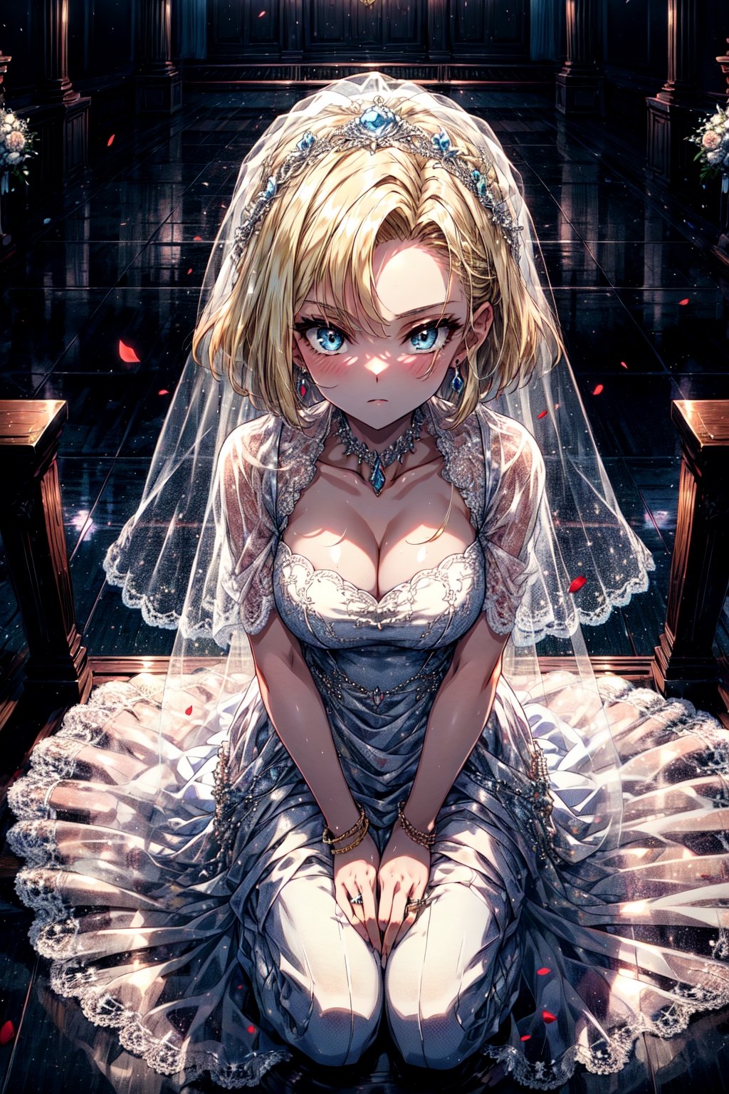 android18, 1girl, solo, breasts, looking_at_viewer, short_hair, blue_eyes, blonde_hair, cleavage, jewelry, medium_breasts, bride, veil, closed_mouth, long_dress, kneeling, from_above, wedding_dress,