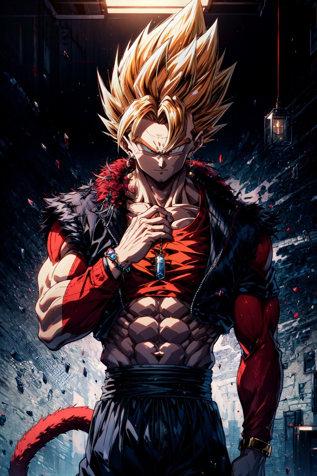 vegetto, 1boy, spiked hair, jewelry, earrings, smirk, bracelet, BREAK,  (ssj4, abs, body fur:1.15), jewelry, long hair, monkey tail, muscular, red fur, spiked hair, super saiyan, tail, , BREAK,  enterthematrix, masterpiece, best quality, extremely detailed, highly quality, 4k, sharp focus, professional, sharp focus, award winning, cinematic lighting, octane render, unreal engine, volumetrics dtx, Wallpaper,