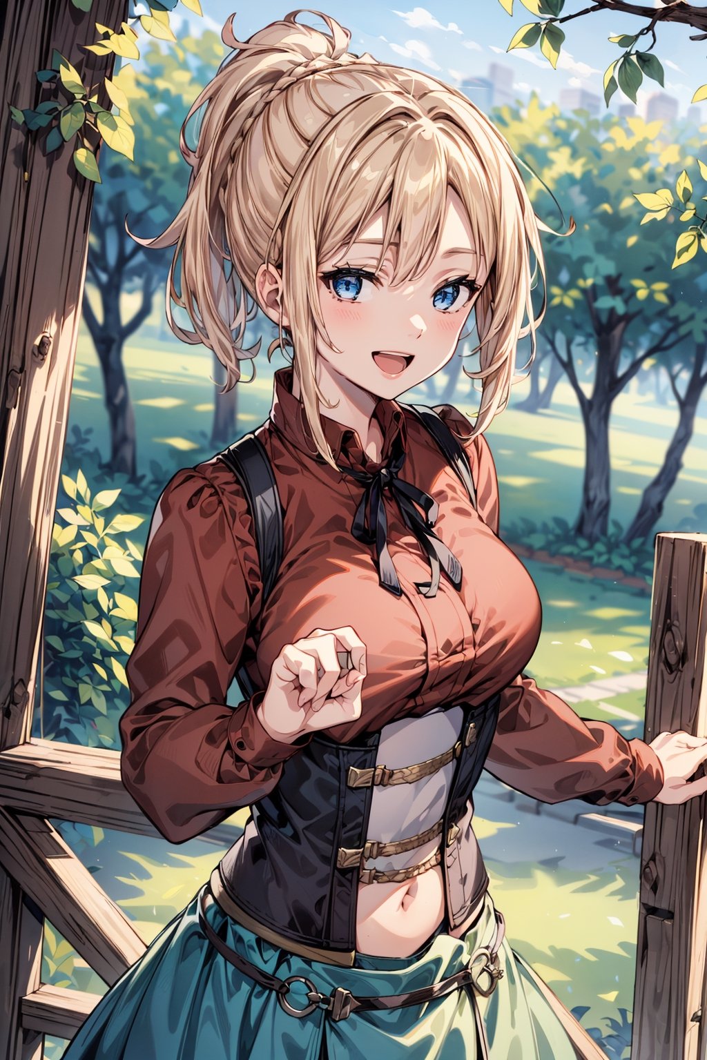 best quality, (masterpiece:1.2), detailed,,1girl, solo, mature, open mouth, smile,ponytail, long hair, blonde hair, blue eyes,red shirt, long sleeves, (white corset:1.2), grey skirt, belt,looking at the viewer,outdoors, tree, grass, wooden fence, leaf