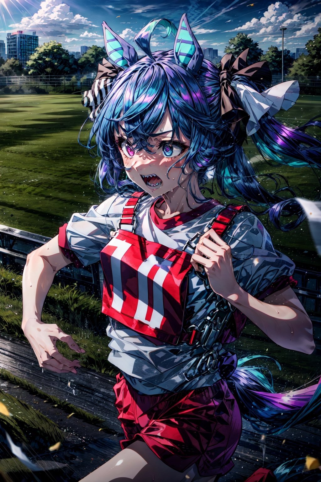 masterpiece, best quality, highres, aatwin, 1girl, multicolored hair, twintails, long hair, hair ribbon, horse tail, sharp teeth, white shirt, (gym shirt:1.1), numbered, short sleeves, red shorts, , running, field, sweat, open mouth,