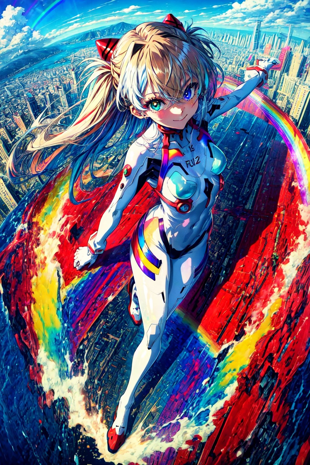 (masterpiece, best quality, detailed), 1girl, solo, from above, evil smile, full body, legs apart,  fisheye, outdoors, souryuu asuka langley, interface headset, heterochromia, rainbow order, white bodysuit