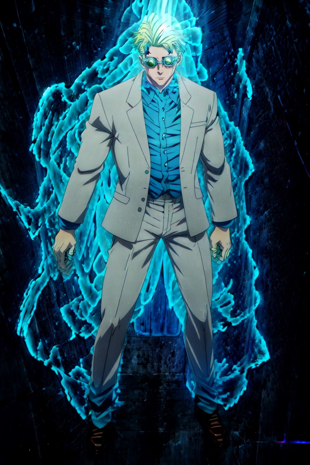 masterpiece,highres,high quality,extremely detailed,solo, , goggles,tinted eyewear, KentoNanami,1man, serious,jacket,formal,suit,collared shirt,blue shirt, full body,fighting_stance,(aura:1.5),aura_power,Ki Charge,CLOUD