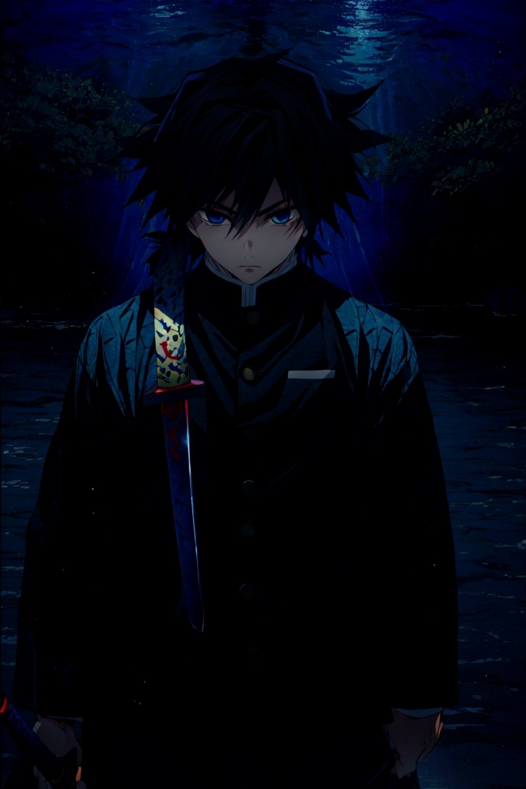 tomioka giyuu, demon slayer, 1boy, solo, upper body, water, blue aura, flowing water, katana,patterned background, sword, holding katana, fighting stance, looking at viewer, long hair, blue eyes, black hair, standing, jacket, male focus, japanese clothes, black jacket, demon slayer uniform,