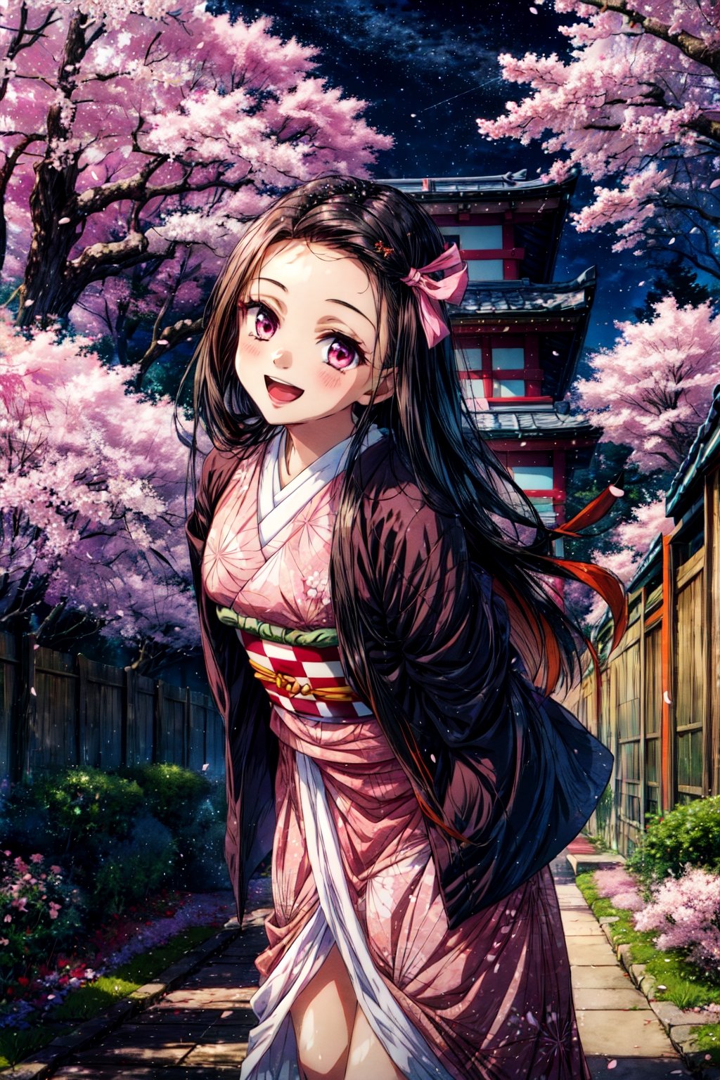 masterpiece, best quality, highres, aanezuko, long hair, multicolored hair, hair ribbon, japanese clothes, pink kimono, haori, black jacket, long sleeves, checkered sash, obi, , (arms behind back:1.2), smile, open mouth, standing, cowboy shot, leaning forward, bent over, outdoors, cherry blossoms, night