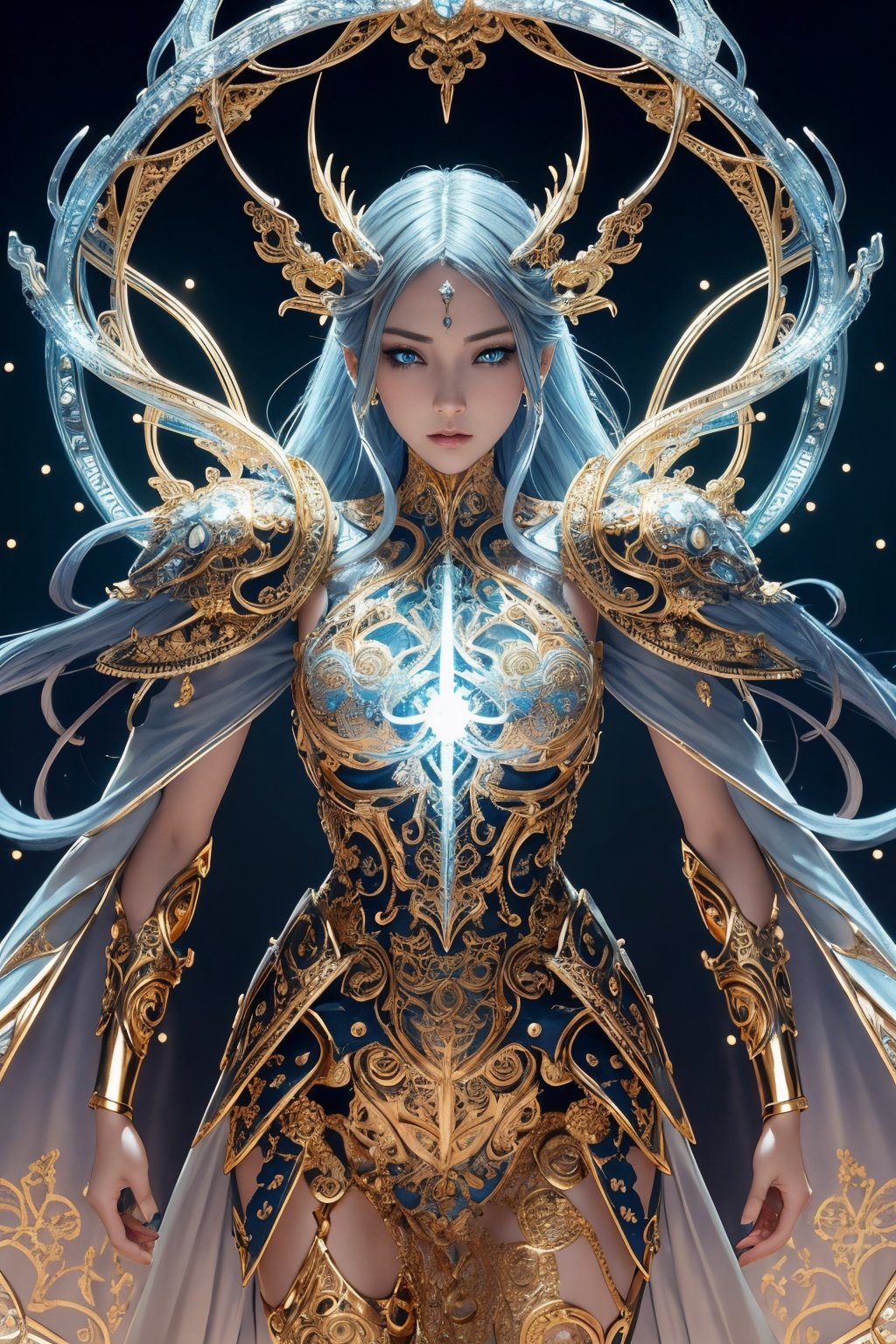 surreal photography of a stunningly beautiful cyborg female, blue eyes, embraced, delicate gold filigree, intricate detailed, glowing, in the style of beth cavener, jin kagetsu, and wlop, highly detailed, intricate filigree, chrome face symmetry, masterpiece, award - winning, sharp focus, concept art, high key, ambient lighting, 8 k, octane render