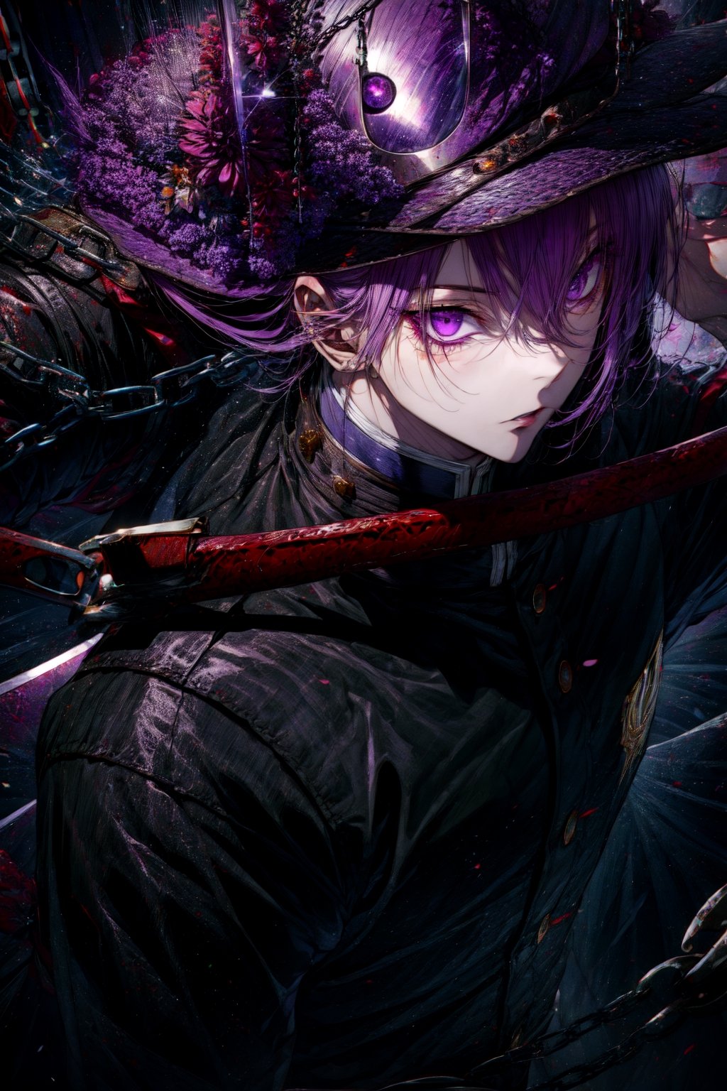 masterpiece, best quality, high detailed, high resolution, tengen, blackoutfit, dual chained swords on his back,big eyes, purple eyes