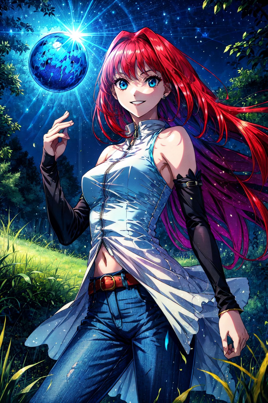 masterpiece, best quality, highres, eeaoko, long hair, red hair, bare shoulders, sleeveless shirt, dress shirt, detached sleeves, black sleeves, zipper, navel, belt, jeans, , standing, (magic:1.2), smile, hand up, grass, night