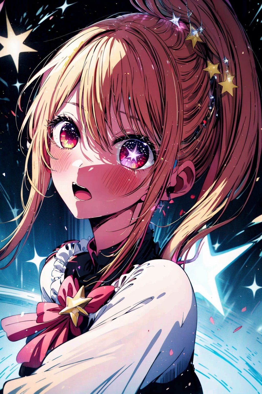 1girl, solo, , Hoshino Ruby, long hair, blonde hair, bangs, blush, red eyes, symbol-shaped pupils, (star-shaped pupils:1.1), sparkling eyes, (star in left eye:1.1), symbol in eye, side ponytail, cowboy shot|★\[牛仔射擊\], day, (masterpiece:1.2), highres, best quality, 8k, very clear,