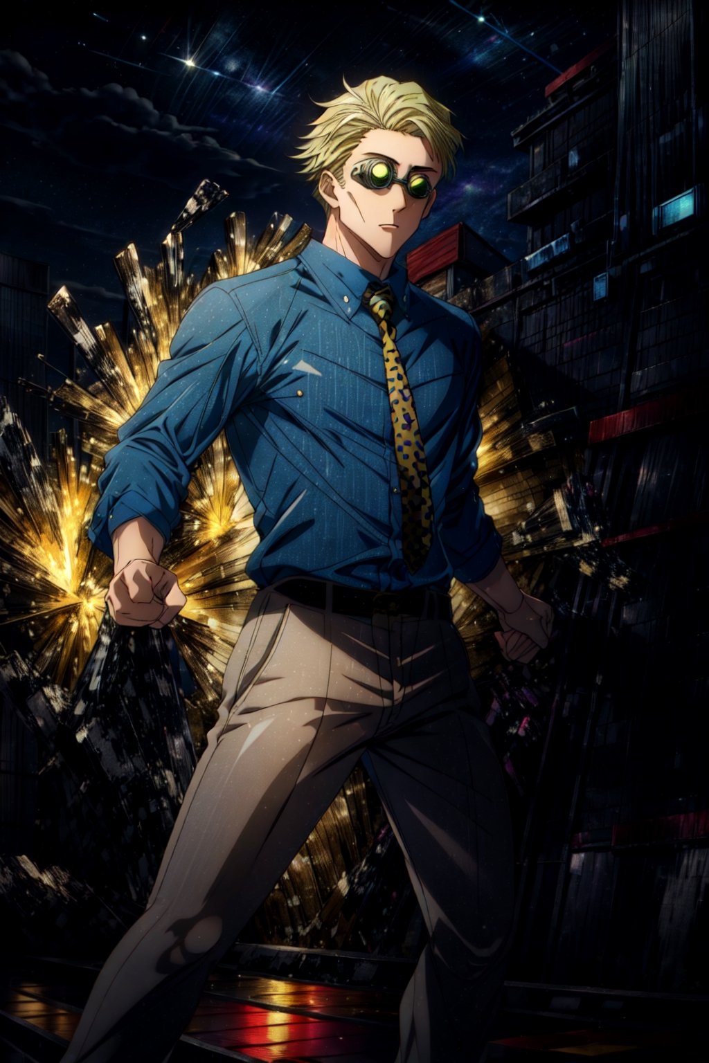 masterpiece, hyper detailed, highres, good anatomy, solo, nanami, blue shirt, suit, yellow tie, action pose, night sky, pants, goggles, square jaw