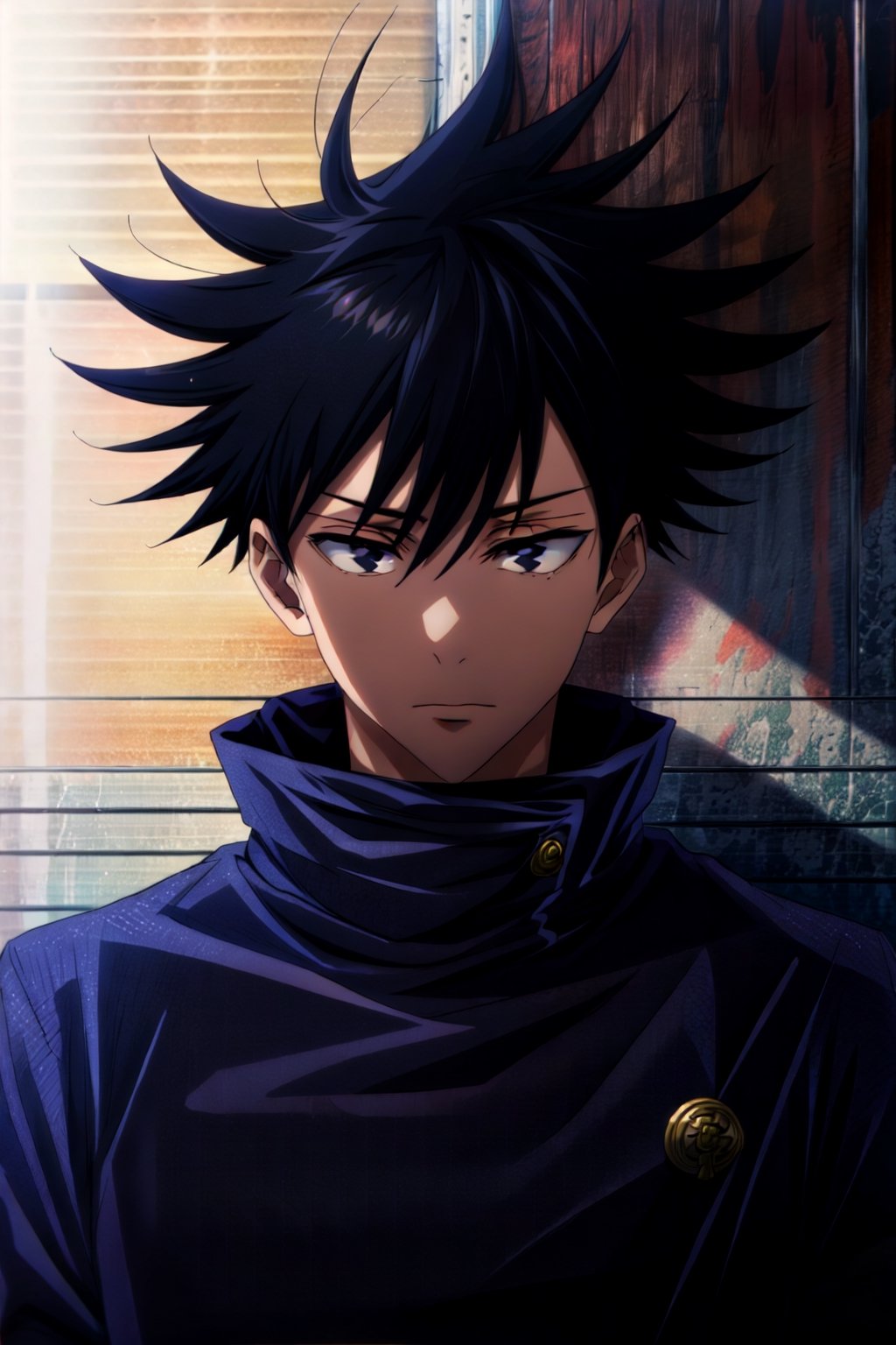 masterpiece, best quality, high quality, 1boy, solo, male focus, looking at viewer, upper body, , fushiguro_megumi, black hair, spiked hair, black eyes, jacket, high collar, , Realism