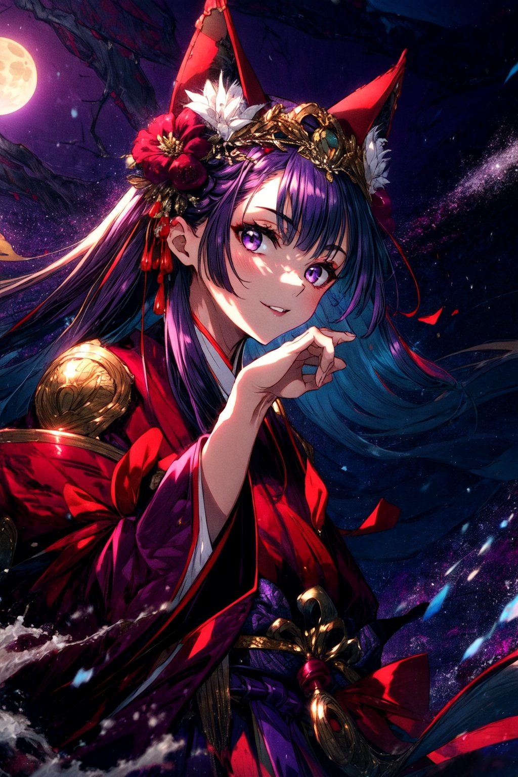 masterpiece,best quality,highres,cinematic lighting,dramatic angle,,1girl,animal ears,hair ornament,purple eyes,black hair,long hair,smile,parted lips,looking at viewer,japanese clothes,obi,wide sleeves,hand on own cheek,red topwear,purple skirt,portrait,from below,moon,close-up