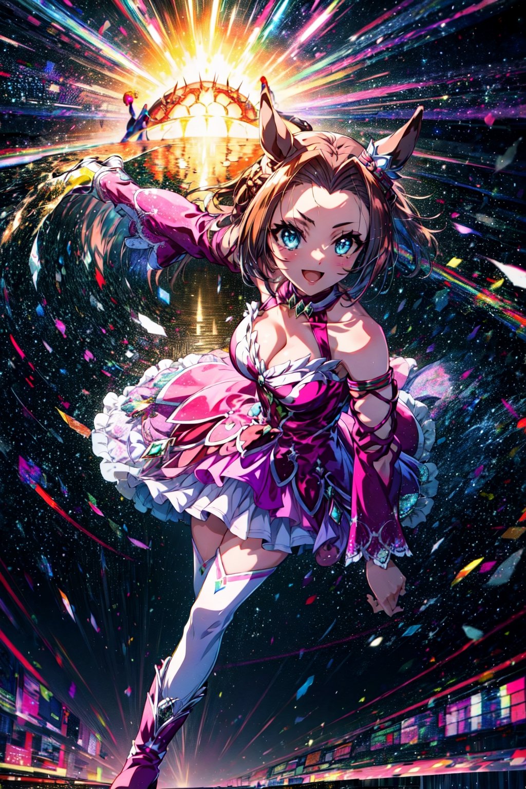 masterpiece, best quality, kawakami princess \(umamusume\), open mouth, smile, (eye trail, light trail:1.2), punching, ear ornament, pink dress, bare shoulders, cleavage, sleeveless dress, detached sleeves, pink sleeves, white thighhighs, pink footwear, boots