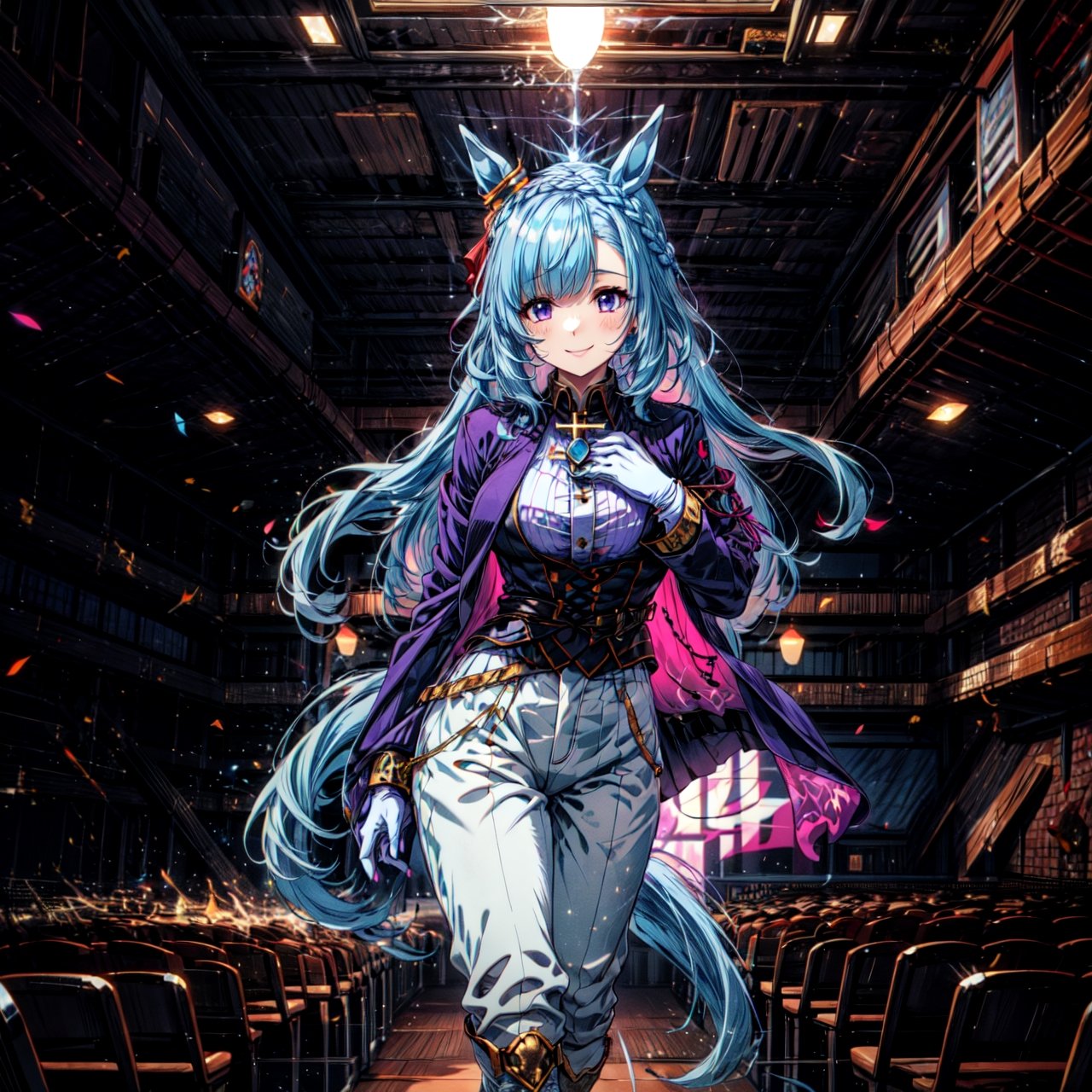 ((masterpiece, best quality)),(illustration),(detailedlight),((anextremelydelicateandbeautiful)),colorful, high contrast,1girl,Mejiro Ardan,Mejiro Ardan(Dance),horse ears,horse girl,french_braid,blue_hair,purple_eyes,crown_braid,black_gloves,thigh_boots,tailcoat,cross-laced_footwear,white_pants,brooch,blue_necktie,ear_covers,single_hair_bun,white jacket,solo, auditorium, smile,standing, hand on own chest,spark, refraction,