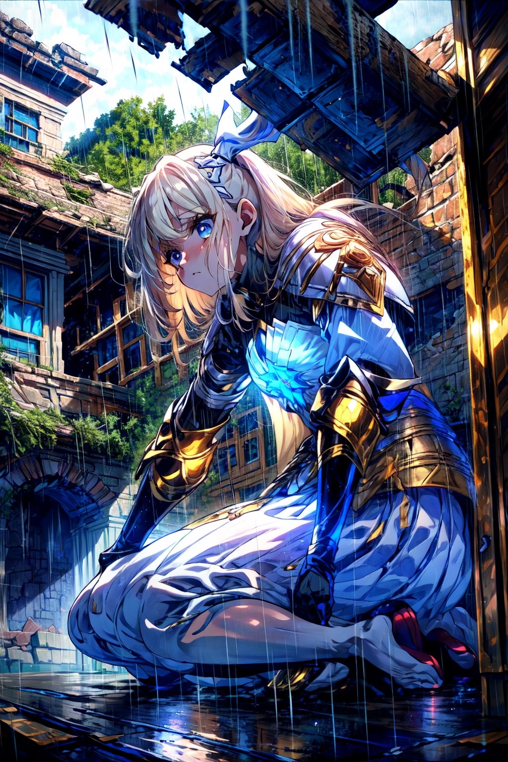 masterpiece,best quality,highres,1girl,,yellow eyes,alternative2,hair ornaments,white armor,middle blue skirt,blue eyes,(rain:1.3),in ruins,collapsed Medieval architecture,monochrome,portrait,kneeling,sad,looking at side,close-up,(depth of field:1.2),gradient background,despair