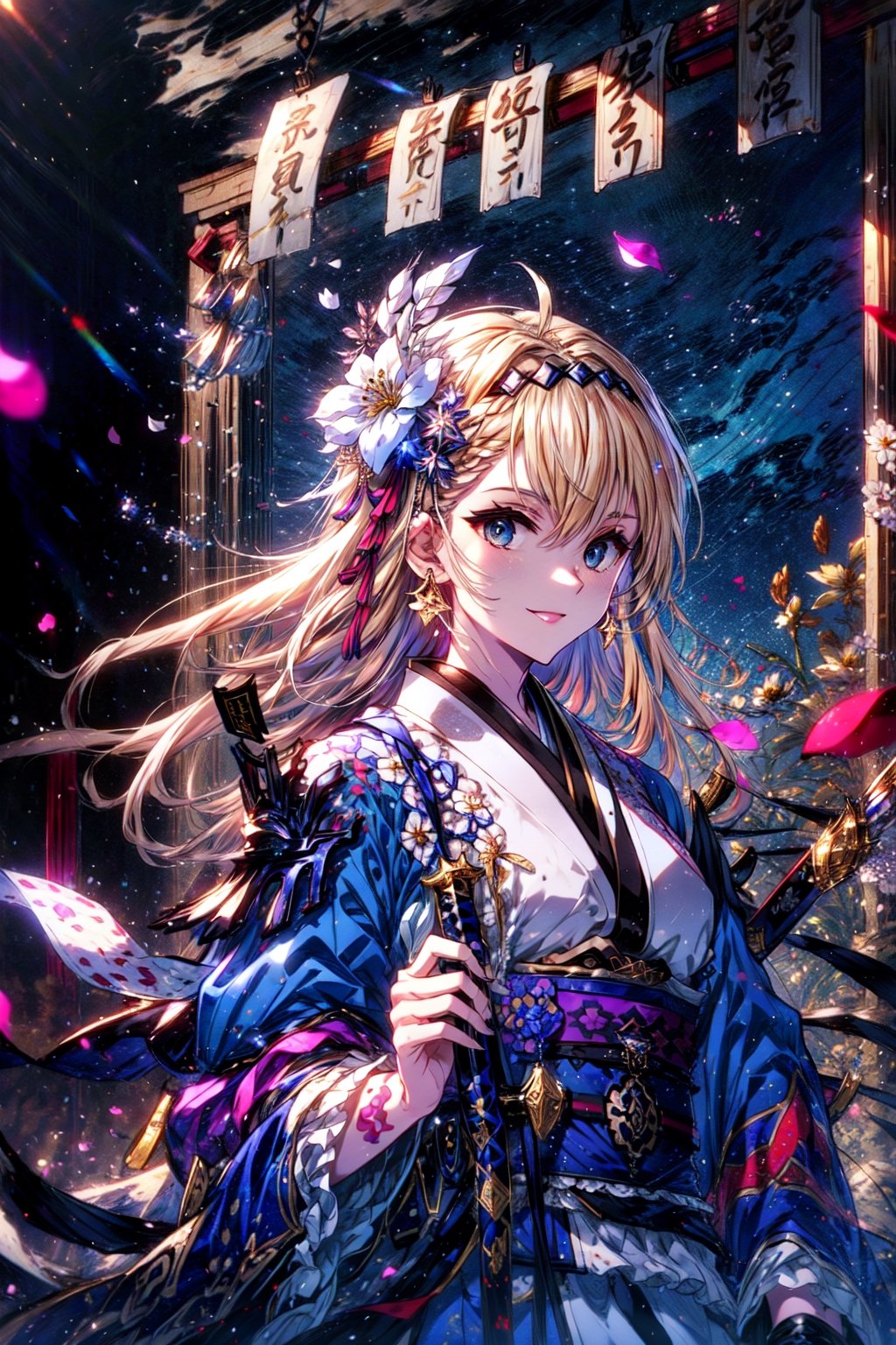 masterpiece,best quality,highres,cinematic lighting,dramatic angle, ,blonde hair,hair ornaments,hair flower,hairband,blue eyes,costume7,furisode,long sleeves,ribbon,braid,flower,hairband,japanese clothes,kimono,sash,petals,obi,Unsheathing Sword,katana,holding,jinja,torii,looking at viewer,smile, ,lens flare,dynatic angle