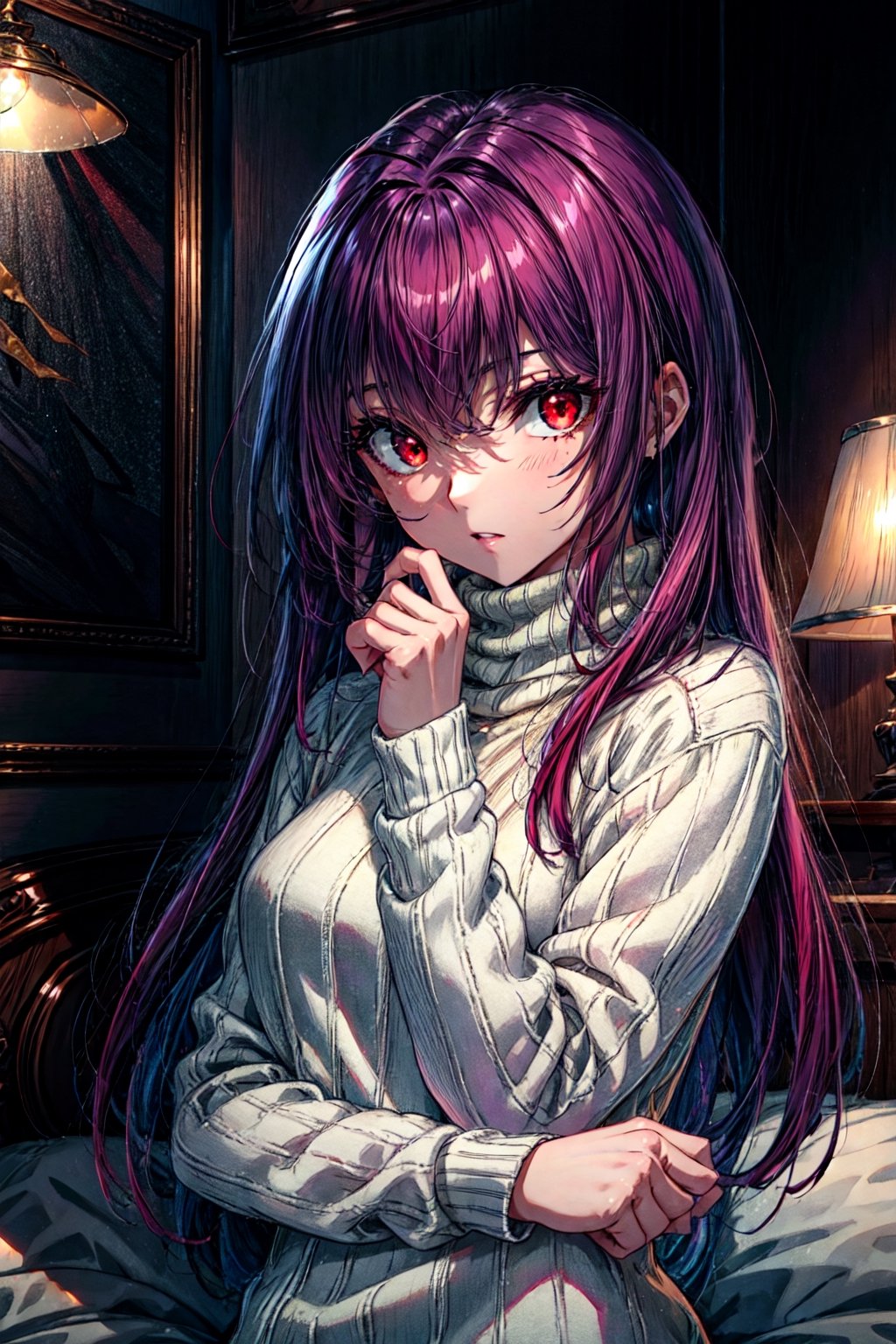 scathach, , scathach, long hair, purple hair, (red eyes:1.5), BREAK long sleeves, ribbed sweater, sweater, turtleneck, turtleneck sweater, (white sweater:1.2), BREAK indoors, bed, BREAK looking at viewer, BREAK , (masterpiece:1.2), best quality, high resolution, unity 8k wallpaper, (illustration:0.8), (beautiful detailed eyes:1.6), extremely detailed face, perfect lighting, extremely detailed CG, (perfect hands, perfect anatomy),