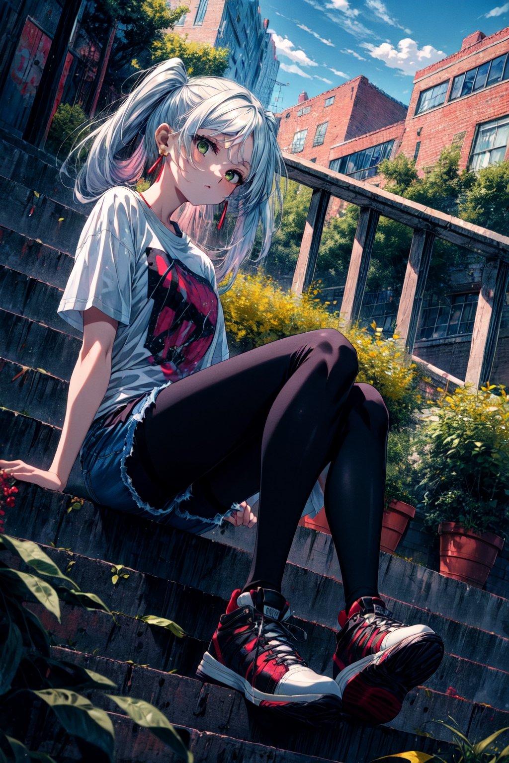 masterpiece, best quality, absurdres, perfect anatomy, Frieren, twintails, earrings, t-shirt, denim shorts, pantyhose under shorts, sitting, stairs, outdoors, city, wide shot, dutch angle, sneakers, 