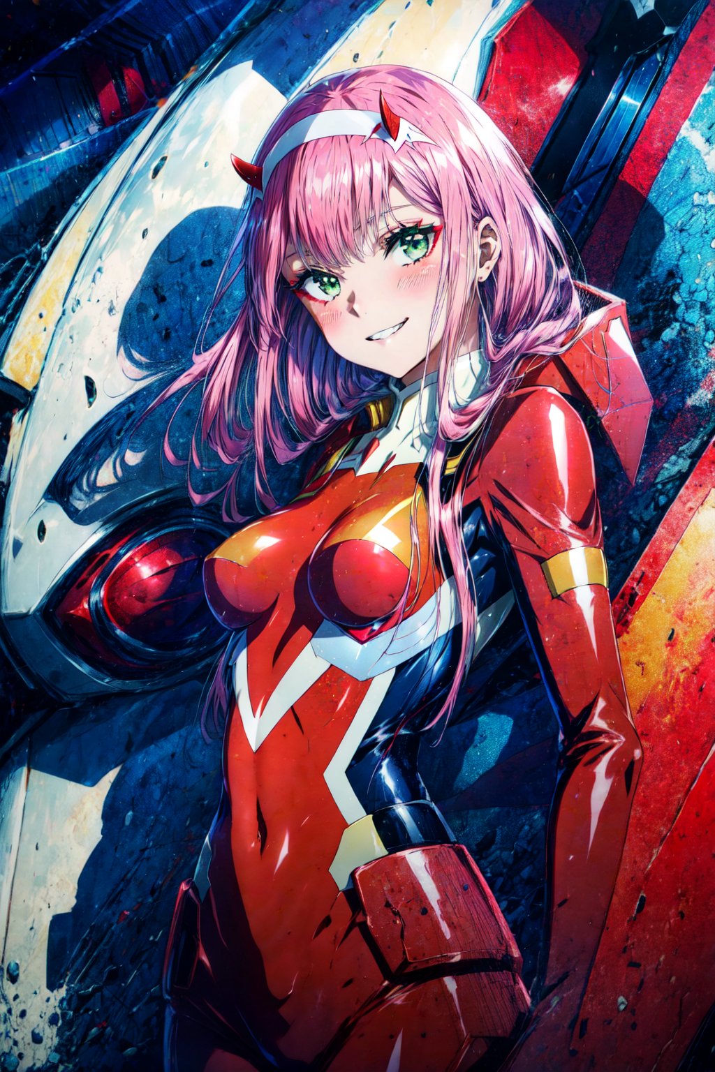 zero two \(darling in the franxx\), darling in the franxx, 1girl, bangs, biting, blush, covered navel, eyeshadow, green eyes, hair behind head, hand on hip, horns, smile, long hair, looking at viewer, makeup, medium breasts, pilot suit, red suit, pink hair, red eyeshadow, science fiction, skin tight, solo