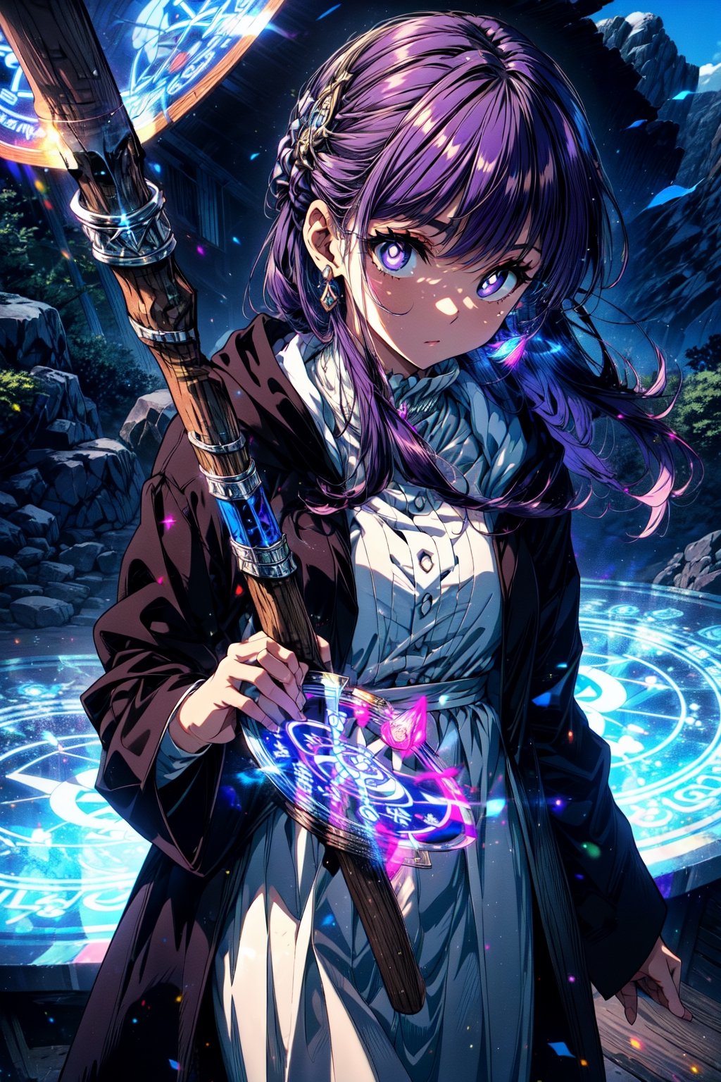 masterpiece, (ultra detailed background:1.3), delicate pattern, intricate detail, highly detailed, fine details, best quality, studio lighting, front lighting, 4K, 8K, absurdres, perfect anatomy, cowboy shot, look forward, very long hair, purple hair, purple eyes, (purple pupils), (white dress:1.3), (black robe:1.2), wood staff, holding staff, (glowing magic circle:1.3), (blue magic circle:1.3), (transparent magic circle:1.3), (magic circles surrounded:1.2), (outdoors:1.3), bright environment, Alps, sunny, blue sky, rocks, open field,