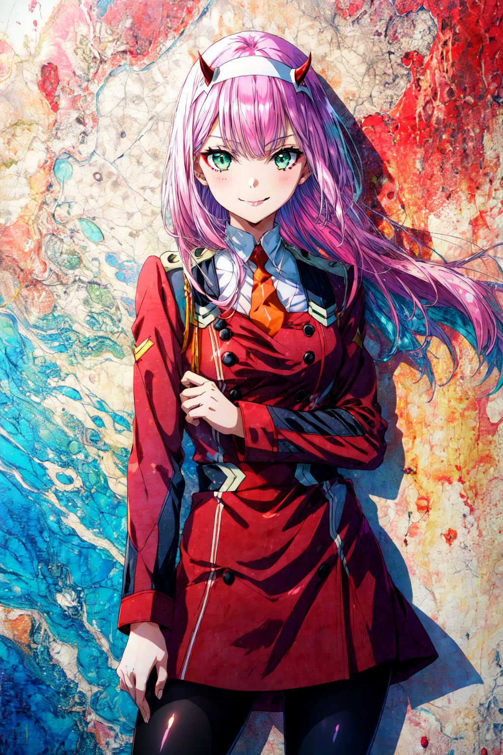zerotwo, 1girl, solo, long hair, looking at viewer, smile, closed mouth, long sleeves, dress, medium breasts, Standing, very long hair, green eyes, pink hair, pantyhose, hairband, necktie, horns, shiny, uniform, shiny hair, aqua eyes, black pantyhose, military, military uniform, red dress, straight hair, :p, white hairband, double-breasted, short necktie, orange necktie, honey, masterpiece, realistic, anime, royal background, buildings, party paper, pink party paper, 