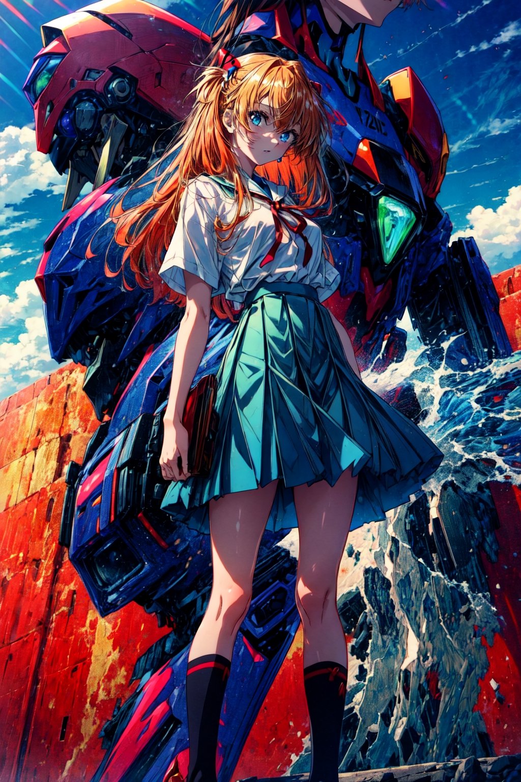 (masterpiece:1.2), best quality, high resolution, asuka, 1girl, long hair, looking at viewer, blue eyes, skirt, shirt, hair ornament, ribbon, school uniform, green eyes, standing, white shirt, short sleeves, sky, socks, cloud, orange hair, red ribbon, blue skirt, kneehighs, arms behind back, robot, mecha, science fiction, interface headset, tokyo-3 middle school uniform, evangelion (mecha), royal, royal background,