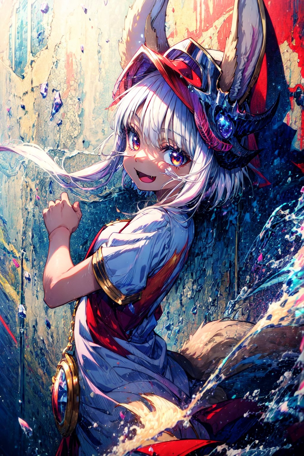 masterpiece, best quality, nanachi, narehate, white hair, horned helmet, headdress, bottomless, smile, open mouth, fang, looking at viewer,