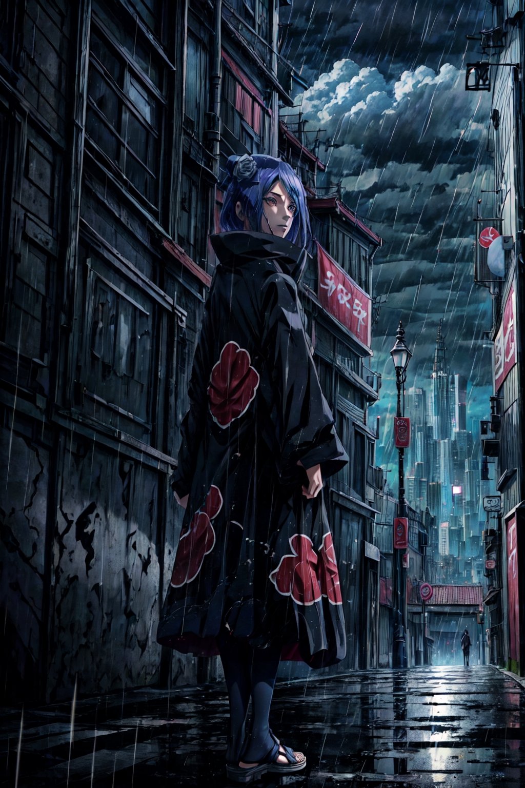 konan \(naruto\), panoramic,1girl, stocking, sandals,dark city background, solo, standing on a tower, ,akatsuki outfit,rain, cloudy sky,