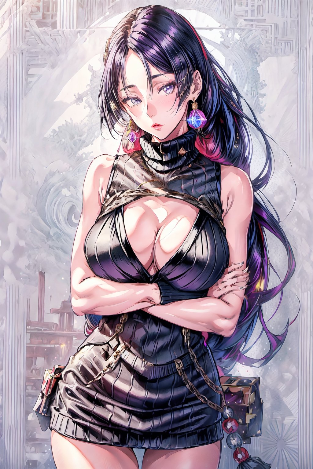 masterpiece, best quality, highres, hmmr1, minamoto no raikou (fate), sweater dress, sleeveless, jewelry, , cowboy shot, standing, street, crossed arms,virginsweater