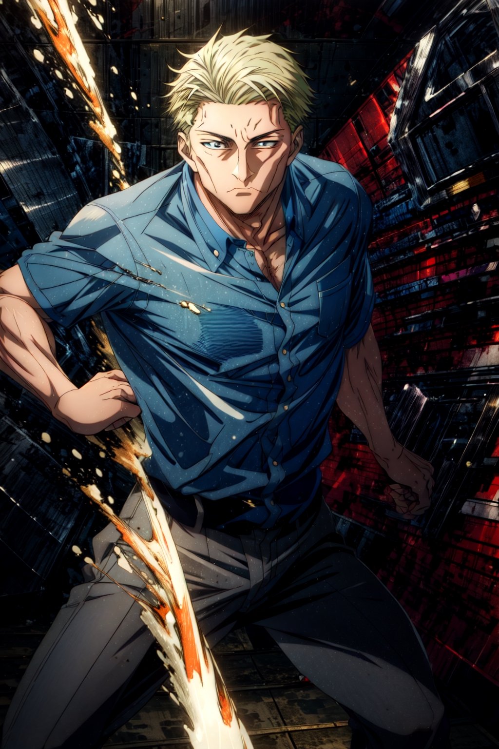 masterpiece, hyper detailed, highres, good anatomy, solo, nanami, blue shirt, suit, action pose, pants, square jaw, muscular male, (middle-aged man:1.3), looking at viewer, 1boy,