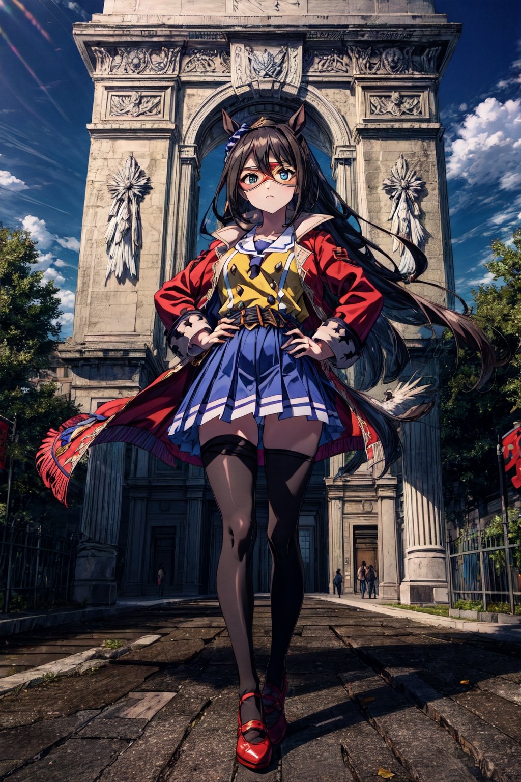 masterpiece, best quality, el condor pasa \(umamusume\), triumphal arch, the Arc de Triomphe, blue sky, cloud, sunlight, full body, standing, animal on shoulder, eagle on shoulder, hands on hip, domino mask, sailor collar, long sleeves, yellow shirt, buttons, red coat, open coat, belt, pleated skirt, blue skirt, miniskirt, black thighhighs, red footwear,aaelcondor,FFIXBG,LODBG, blue eyes