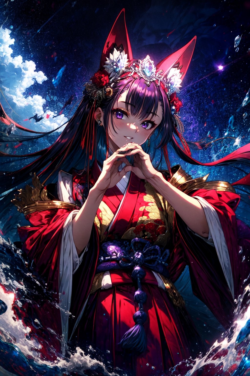 masterpiece,best quality,highres,cinematic lighting,dramatic angle,,1girl,animal ears,hair ornament,purple eyes,black hair,long hair,smile,parted lips,looking at viewer,japanese clothes,obi,wide sleeves,hand on own cheek,red topwear,purple skirt,portrait,from below,moon,close-up,CLOUD