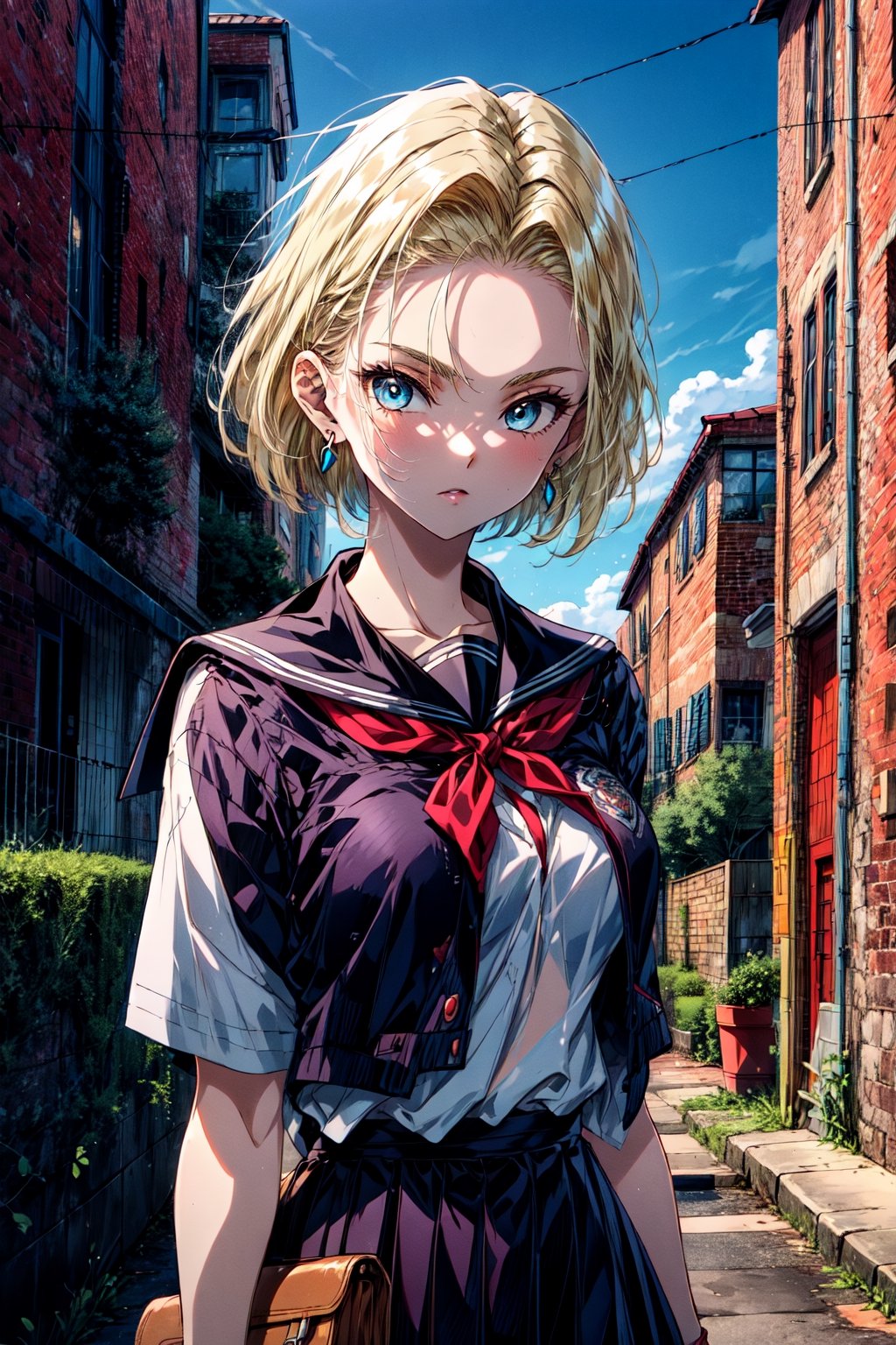 best quality, highres, and18, 1girl, android 18, solo, blonde hair, blue eyes, short hair, earrings, jewelry, medium breasts, , cowboy shot, street, (school uniform:1.2),