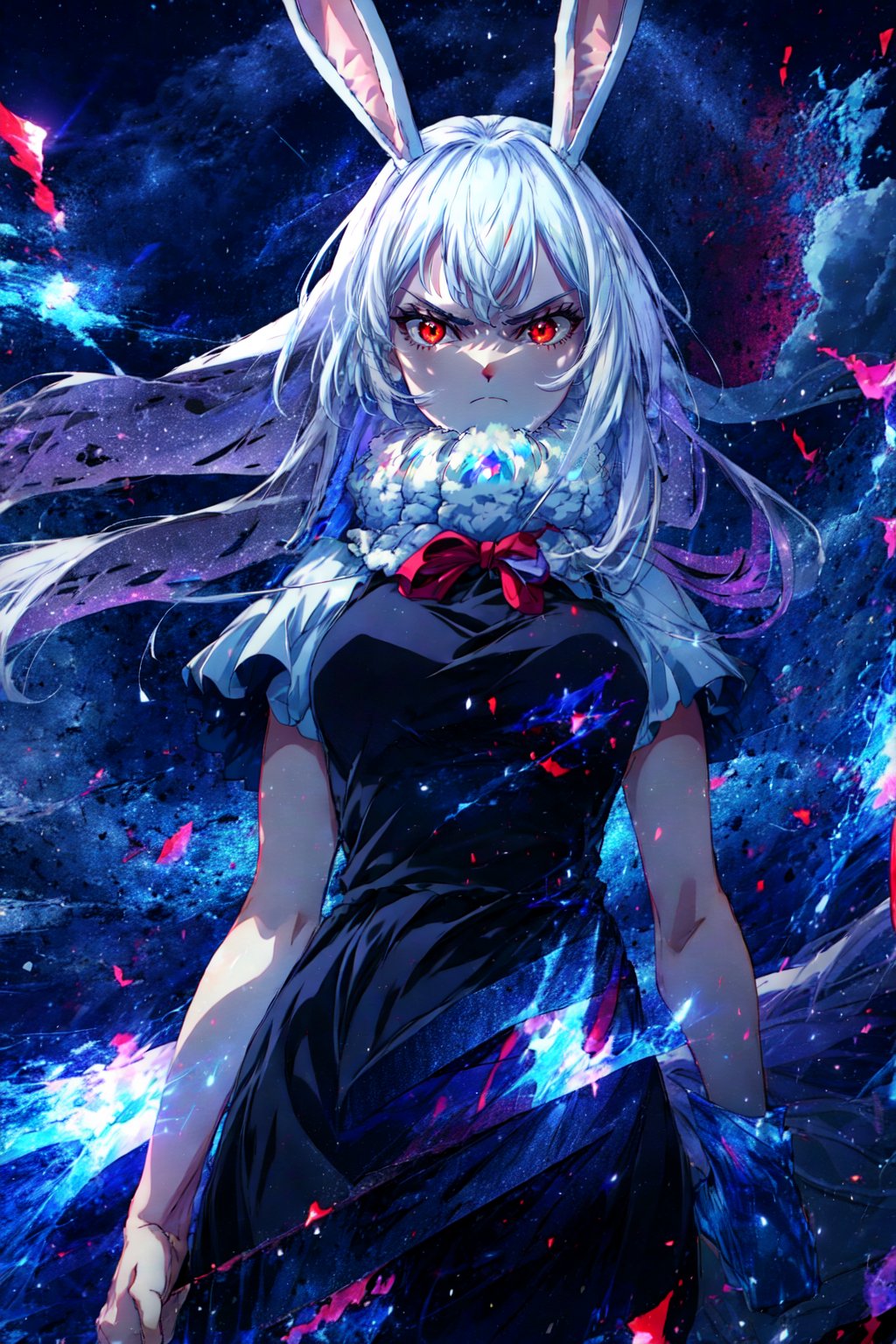 1girl,CarrotSulong,sulong,bunny hears,white hair,long hair,red eyes,(glowing eyes),serious expression, angry eyes,(from below),standing,night,starry sky,moon light,electric effect around body,fit,masterpiece,extremely detailed CG unity 8k wallpaper, best quality,32k,focus sharp,