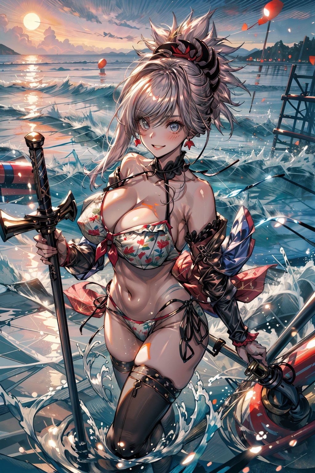 masterpiece,best quality,1girl,miyamoto musashi \(fate\),StormsandWaves,Lace Bikini,huge breasts,wide hips,thick thighs,buoy,smirk,dynamic pose, FGOMusashi:0.8,